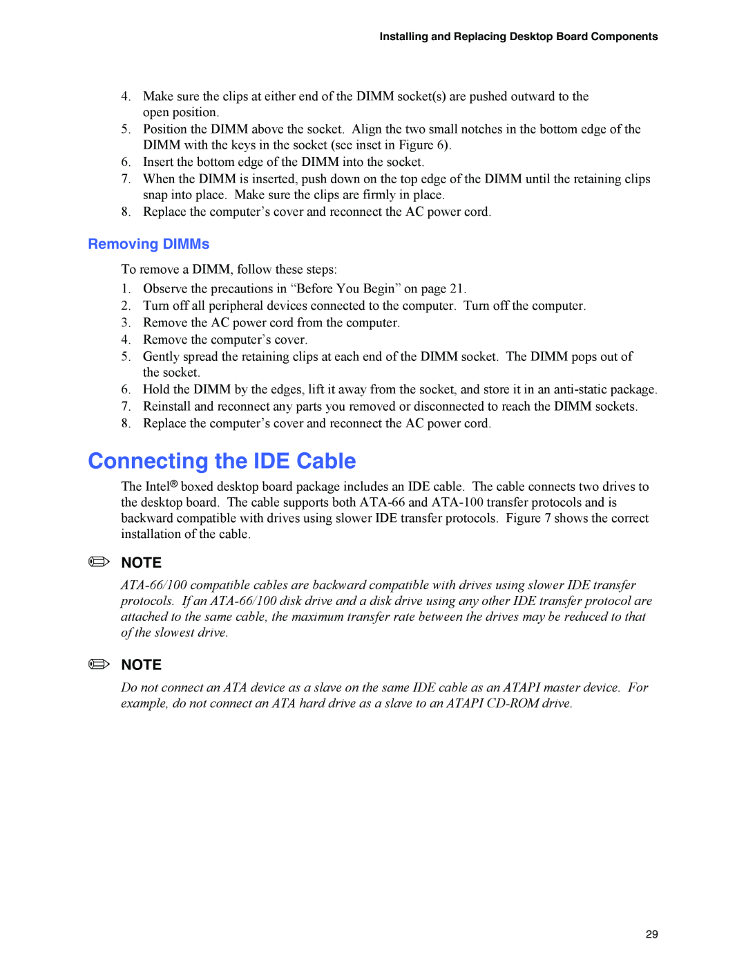 Intel D845GVFN manual Connecting the IDE Cable, Removing DIMMs 