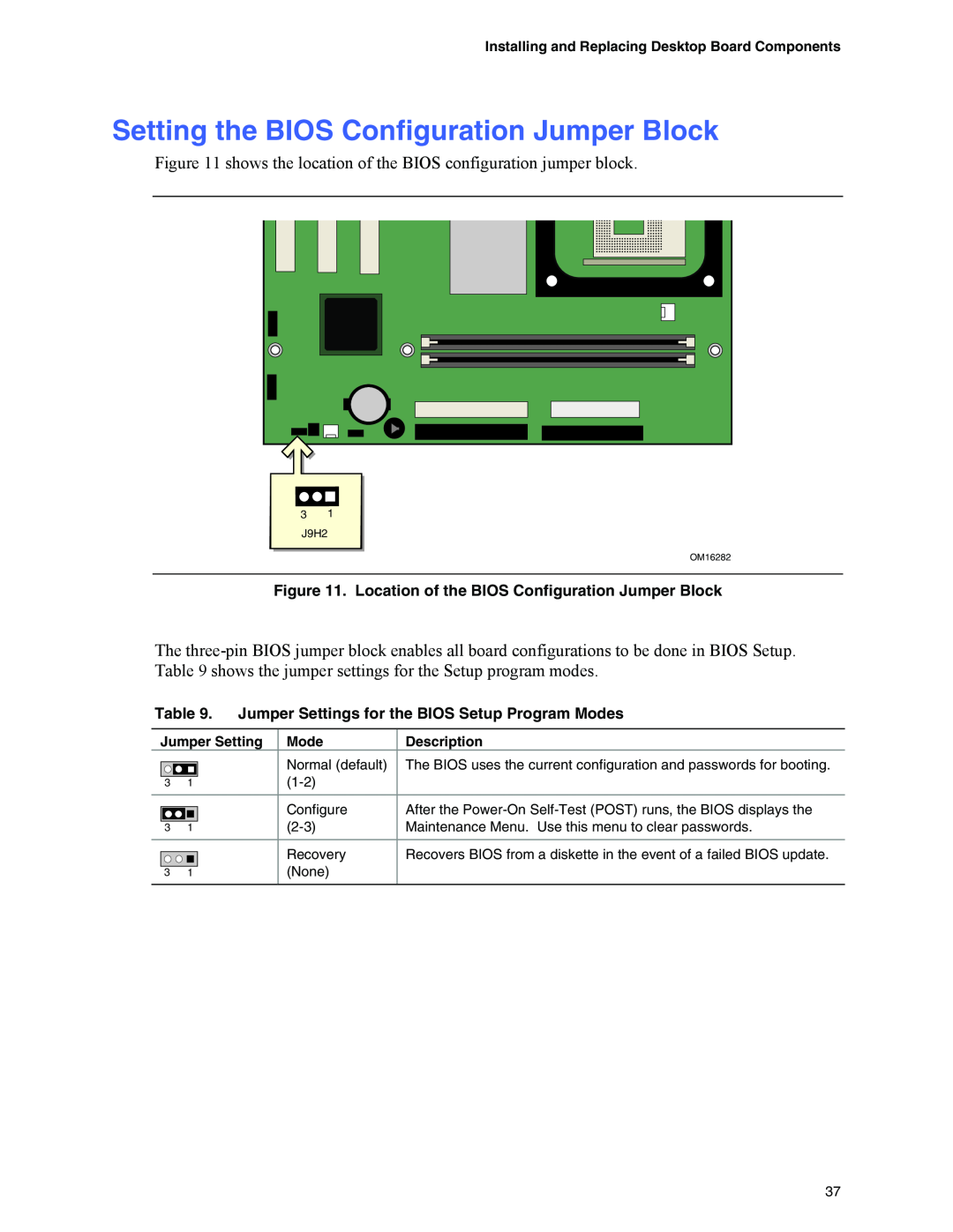 Intel D845GVFN Setting the BIOS Configuration Jumper Block, Installing and Replacing Desktop Board Components, Description 