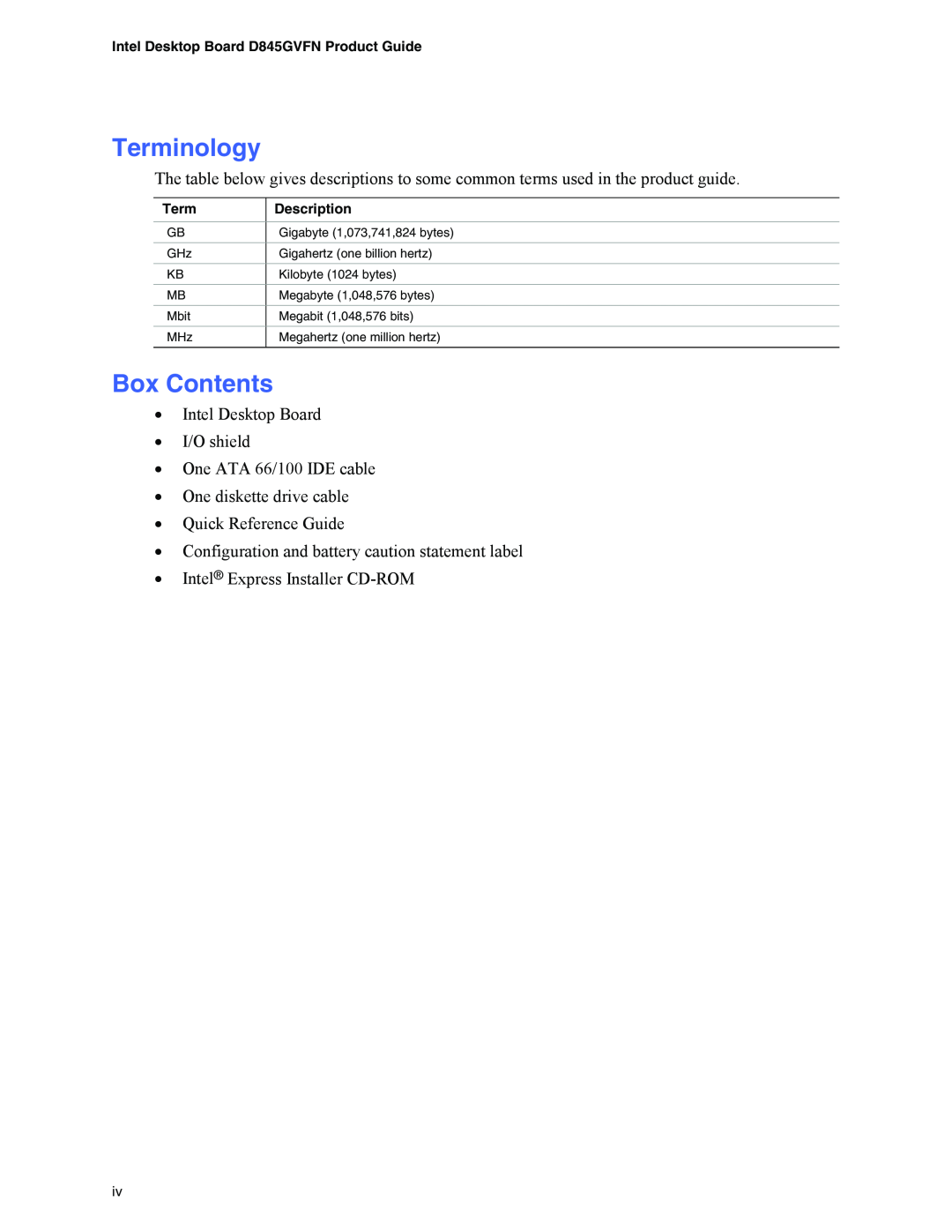 Intel D845GVFN manual Terminology, Box Contents 