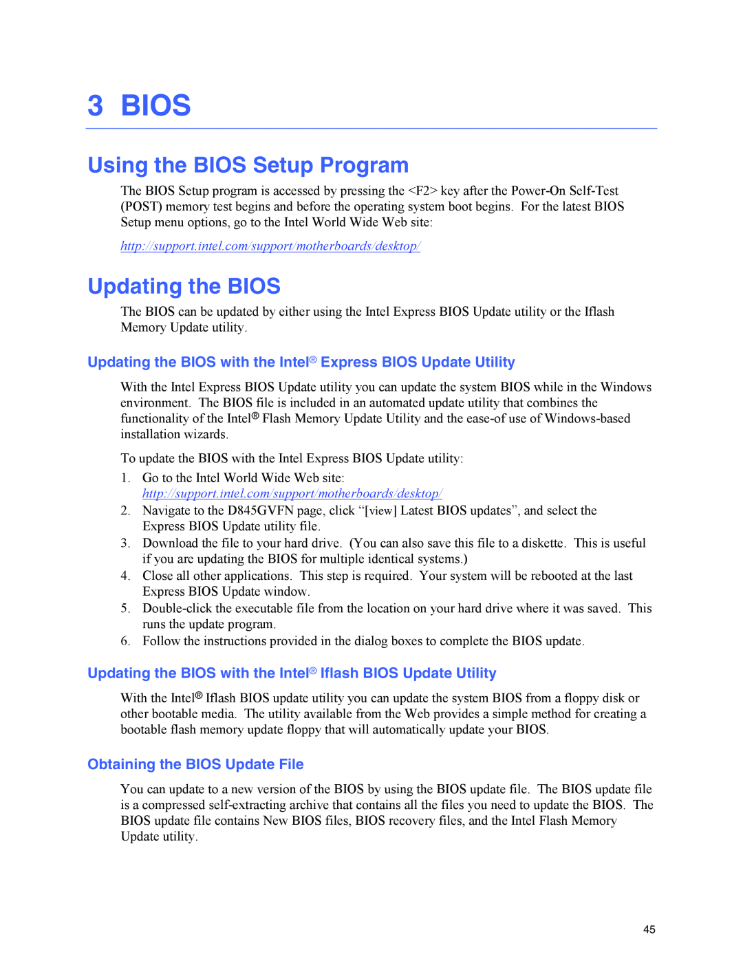 Intel D845GVFN manual Bios, Using the BIOS Setup Program, Updating the BIOS 