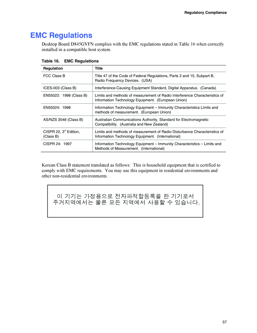Intel D845GVFN manual EMC Regulations 