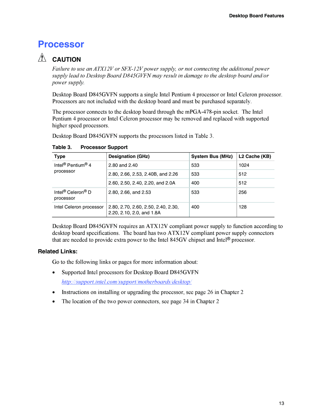 Intel D845GVFN manual Processor Support, Type Designation GHz System Bus MHz L2 Cache KB 