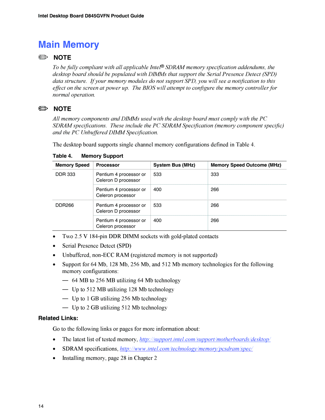 Intel D845GVFN manual Main Memory, Memory Support 