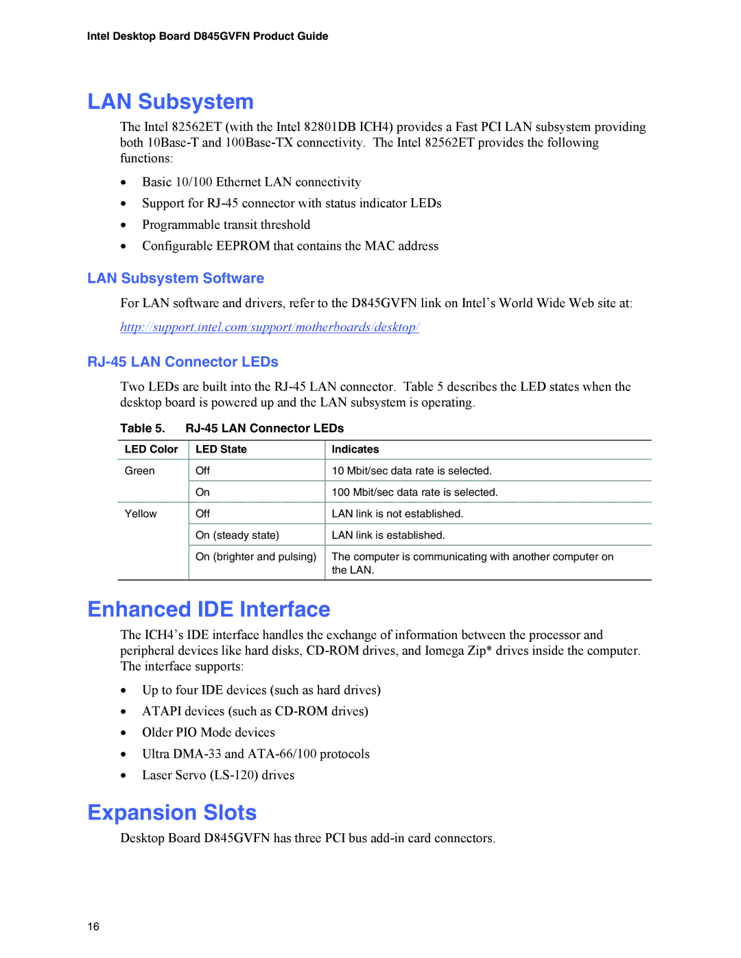 Intel D845GVFN manual Enhanced IDE Interface, Expansion Slots, LAN Subsystem Software, RJ-45 LAN Connector LEDs 