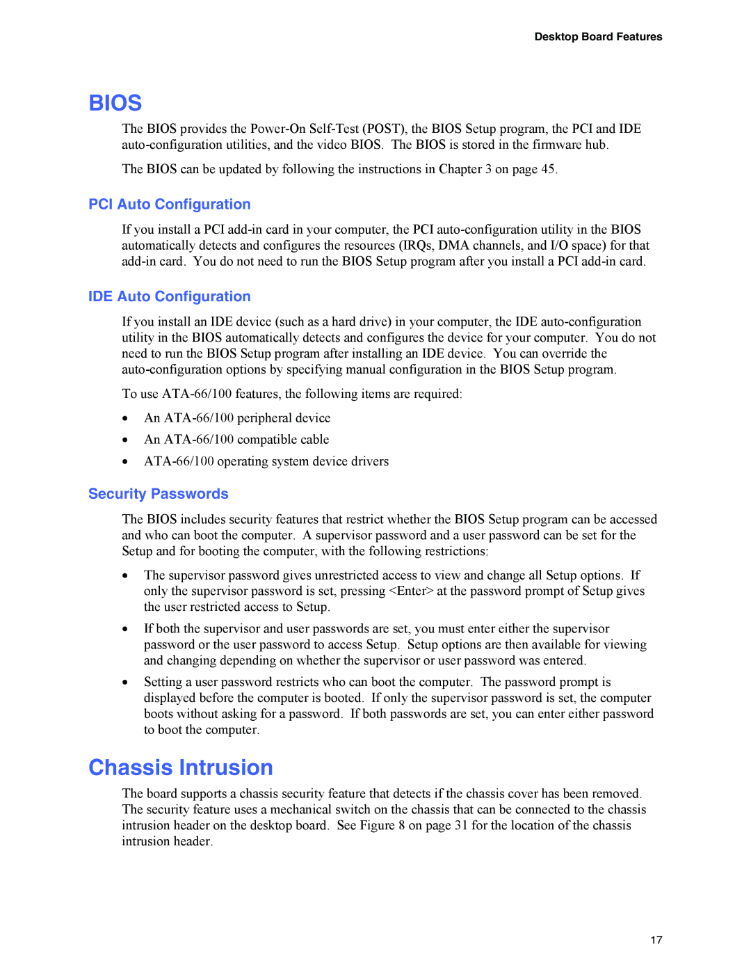 Intel D845GVFN manual Chassis Intrusion, PCI Auto Configuration, IDE Auto Configuration, Security Passwords 