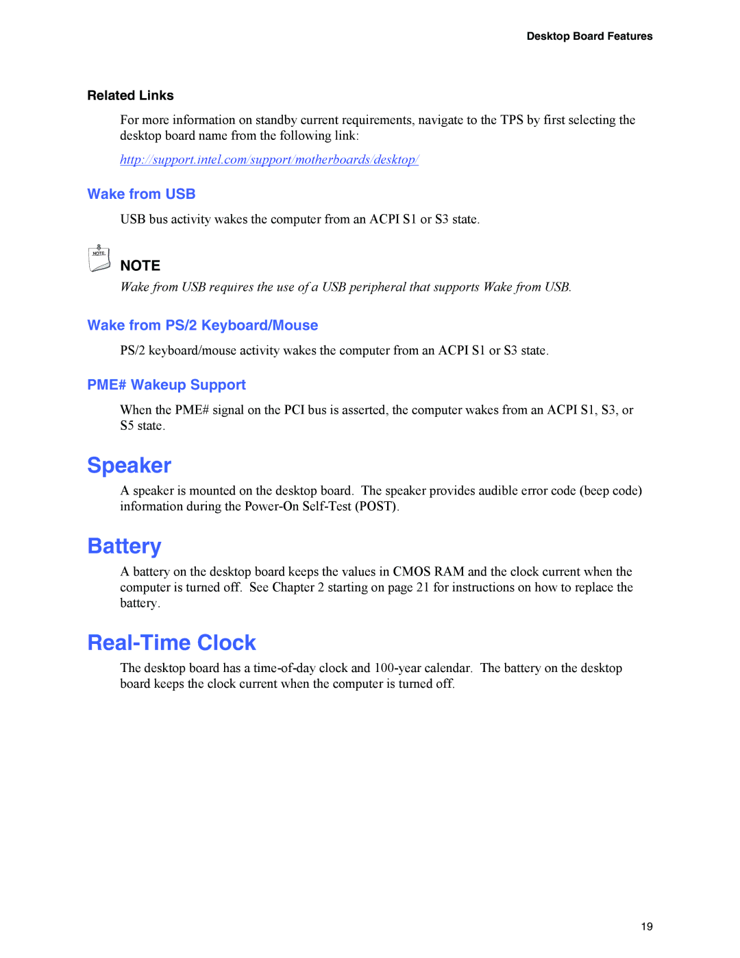 Intel D845GVFN manual Speaker, Battery, Real-Time Clock 