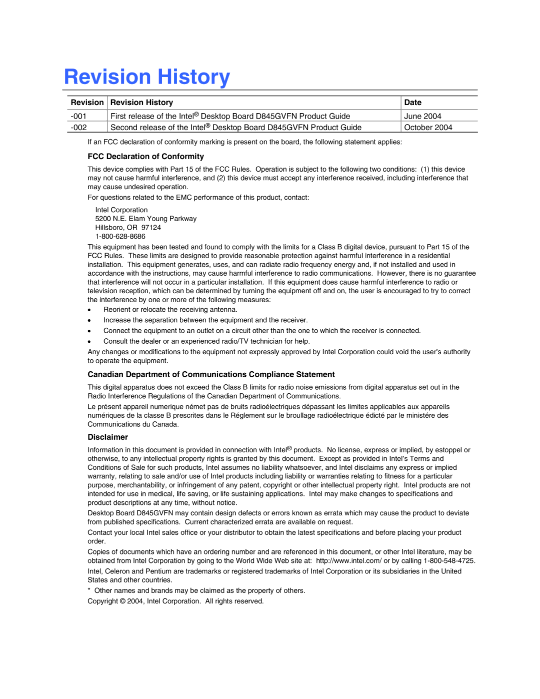 Intel D845GVFN manual Revision Revision History Date, FCC Declaration of Conformity, Disclaimer 