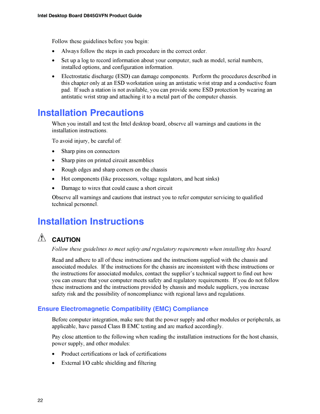 Intel D845GVFN Installation Precautions, Installation Instructions, Ensure Electromagnetic Compatibility EMC Compliance 