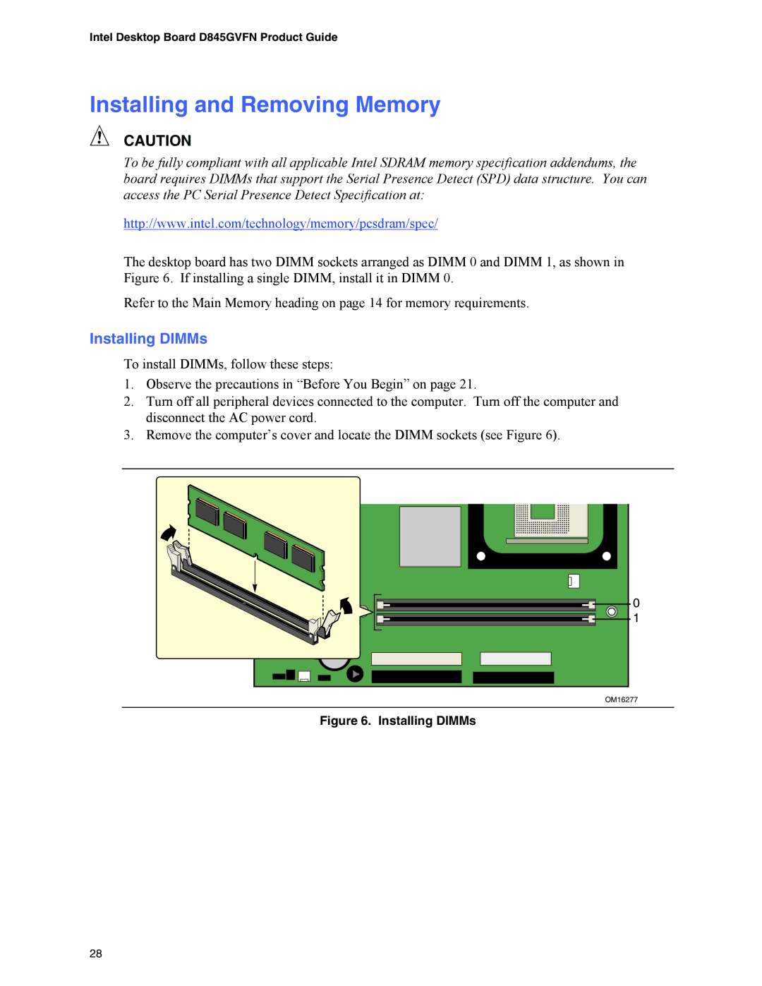 Intel D845GVFN manual Installing and Removing Memory, Installing DIMMs 