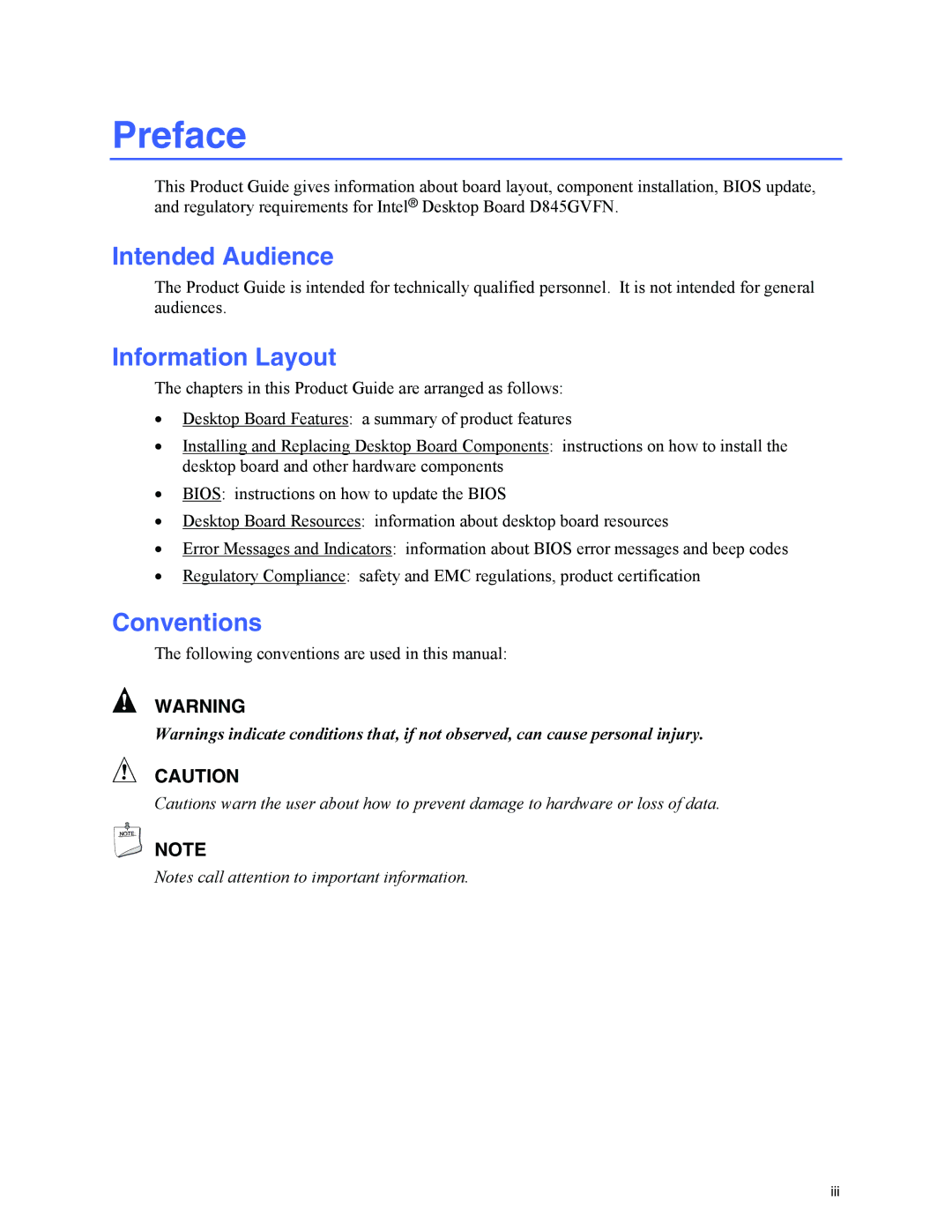 Intel D845GVFN manual Preface, Intended Audience 