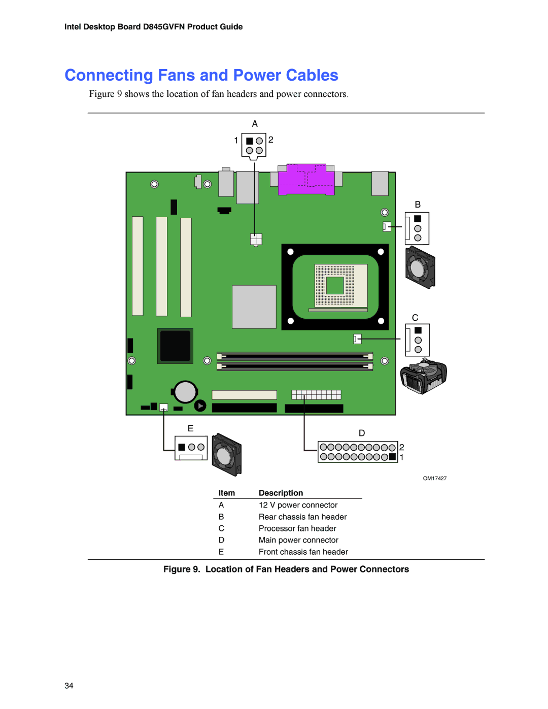 Intel D845GVFN manual Connecting Fans and Power Cables, Location of Fan Headers and Power Connectors 