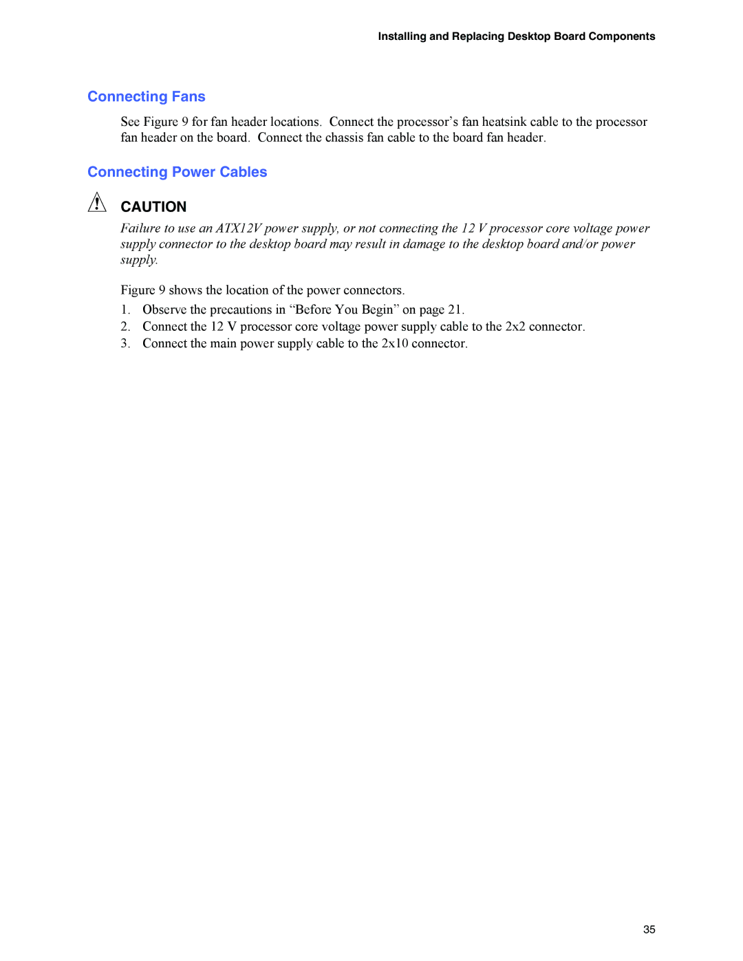 Intel D845GVFN manual Connecting Fans, Connecting Power Cables 