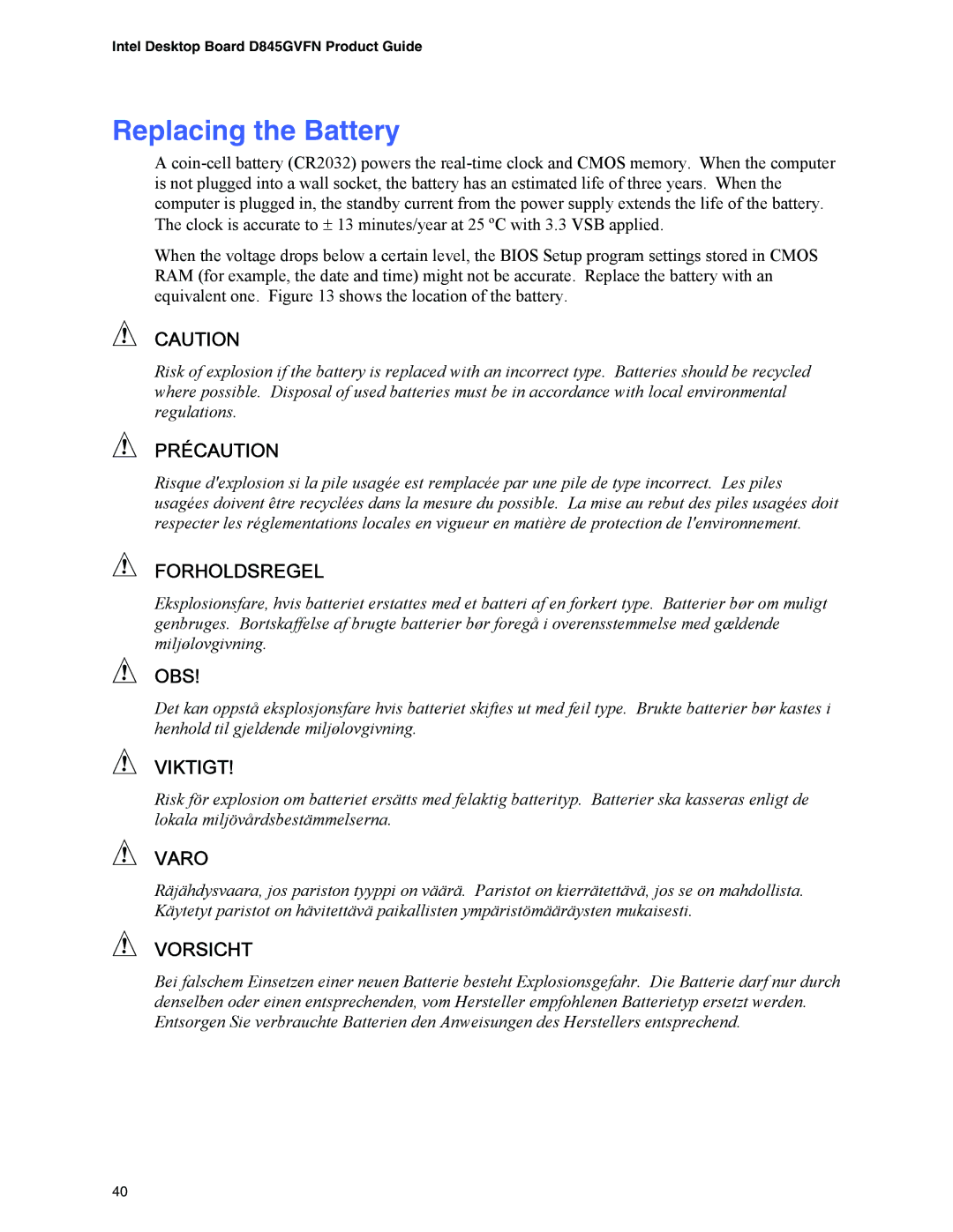 Intel D845GVFN manual Replacing the Battery, Précaution 