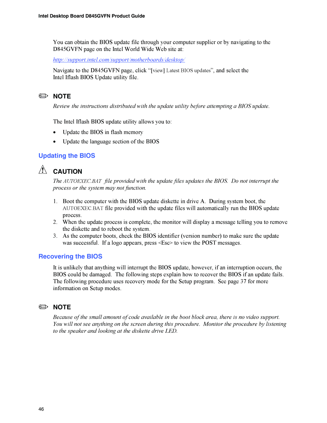 Intel D845GVFN manual Updating the Bios, Recovering the Bios 