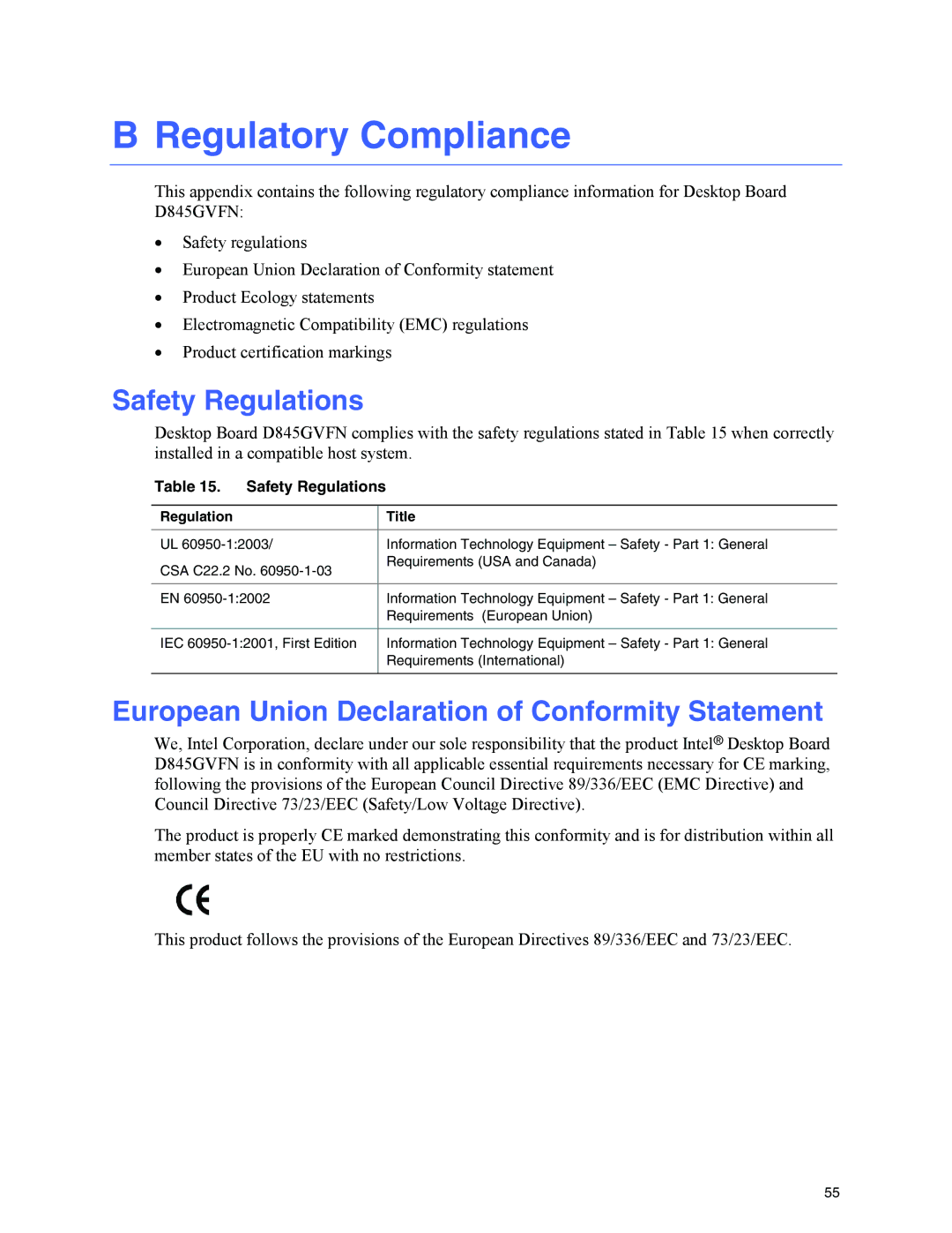 Intel D845GVFN manual Regulatory Compliance, Safety Regulations, European Union Declaration of Conformity Statement 