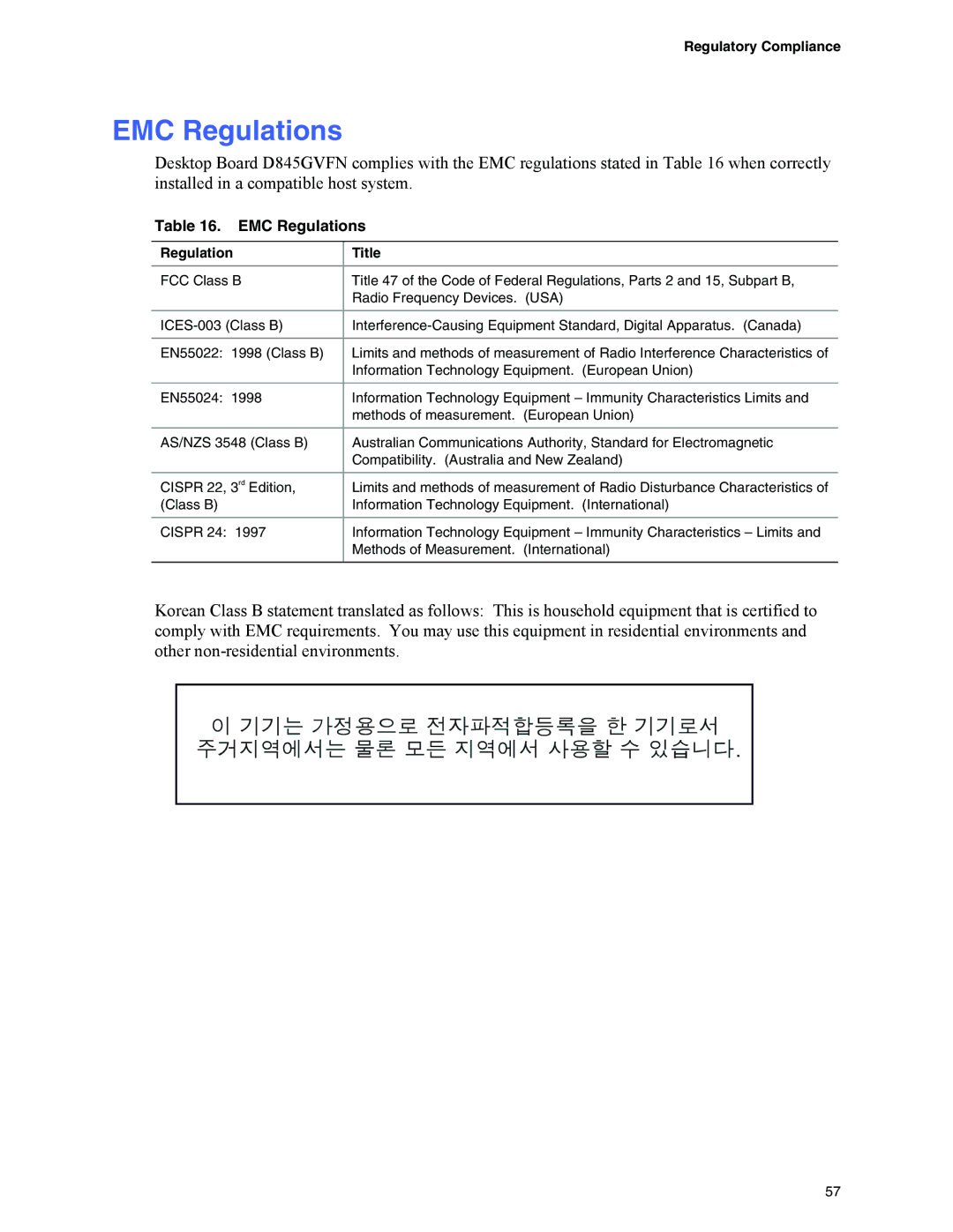 Intel D845GVFN manual EMC Regulations, Regulatory Compliance 