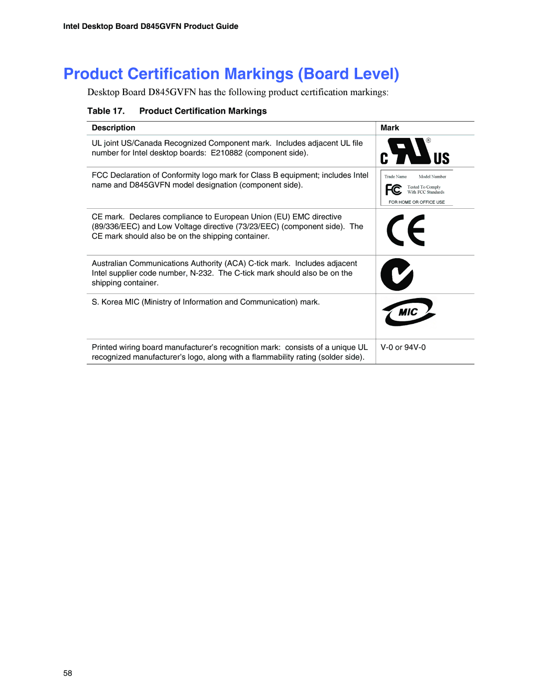 Intel D845GVFN manual Product Certification Markings Board Level 