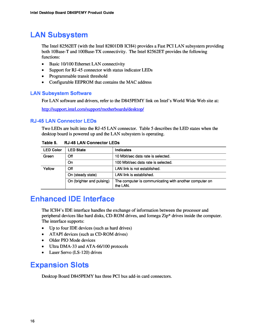 Intel D845PEMY manual Enhanced IDE Interface, Expansion Slots, LAN Subsystem Software, RJ-45 LAN Connector LEDs 