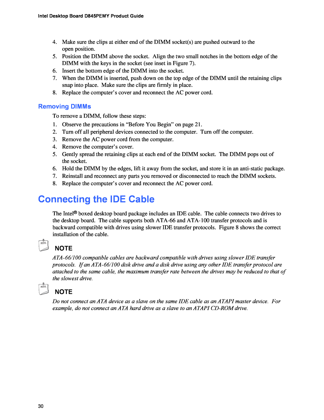 Intel D845PEMY manual Connecting the IDE Cable, Removing DIMMs 