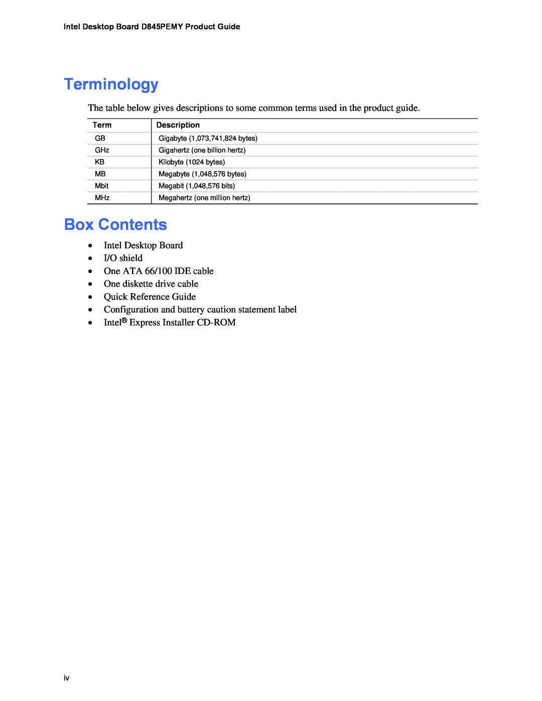 Intel D845PEMY manual Terminology, Box Contents 