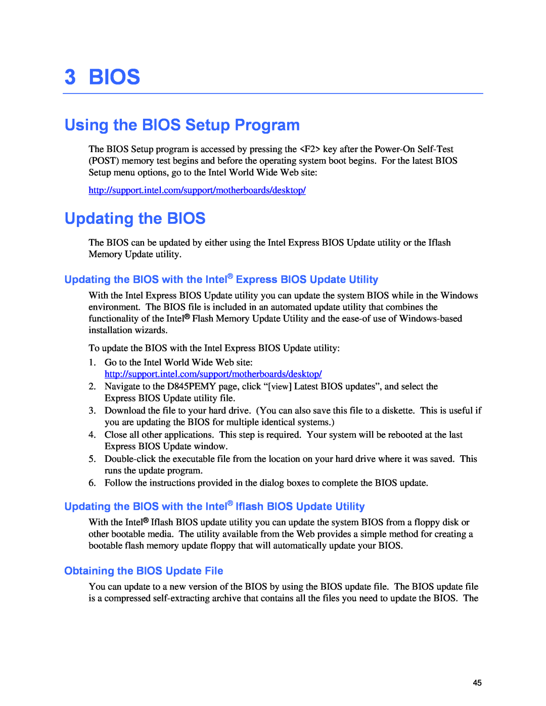 Intel D845PEMY manual Bios, Using the BIOS Setup Program, Updating the BIOS, Obtaining the BIOS Update File 