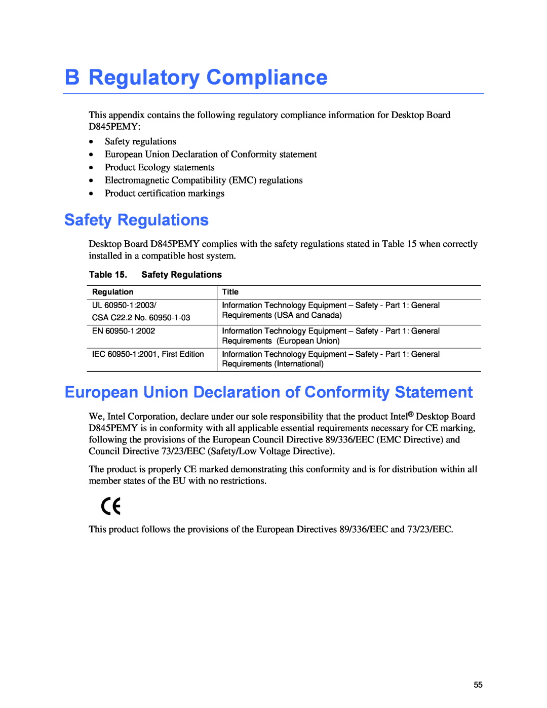 Intel D845PEMY manual B Regulatory Compliance, Safety Regulations, European Union Declaration of Conformity Statement 