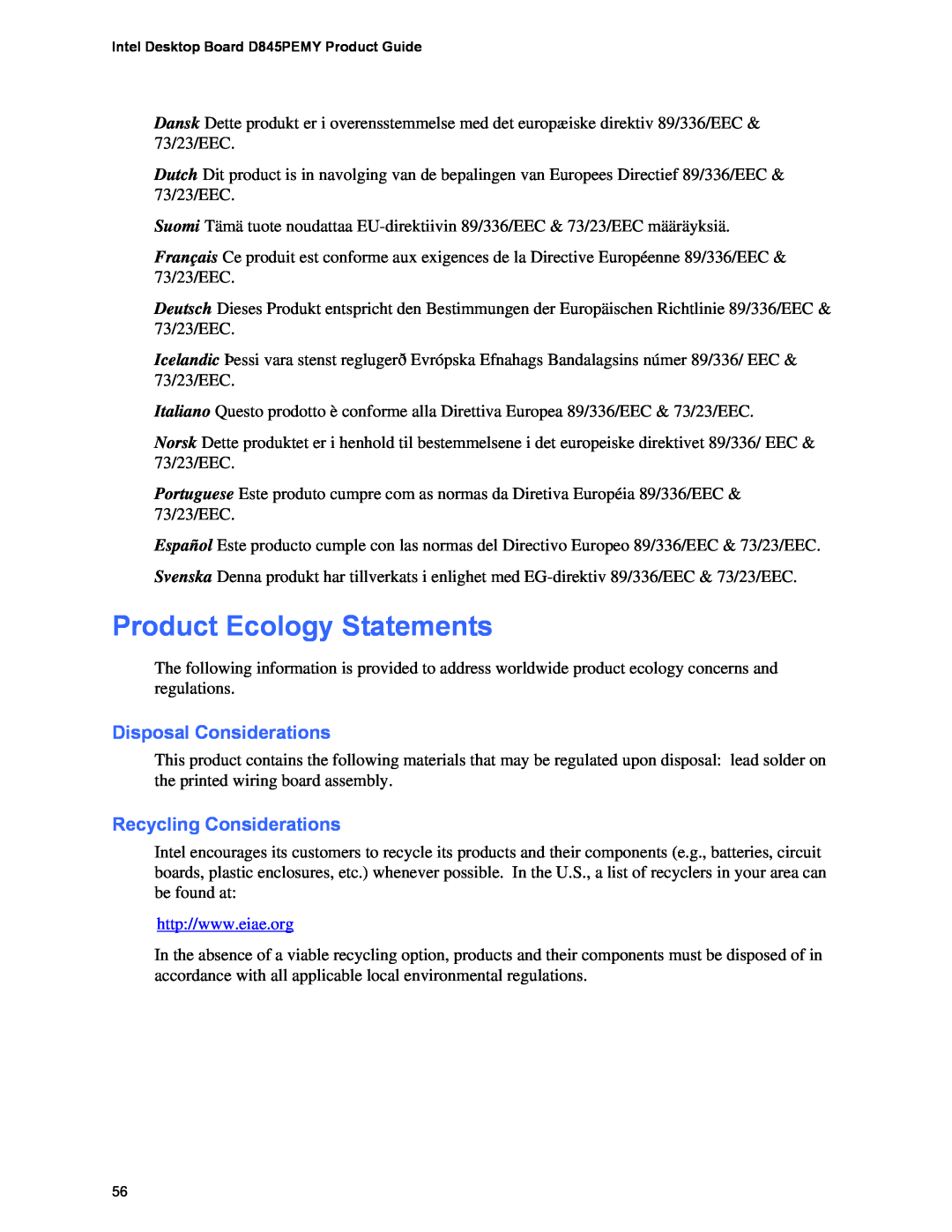 Intel D845PEMY manual Product Ecology Statements, Disposal Considerations, Recycling Considerations 