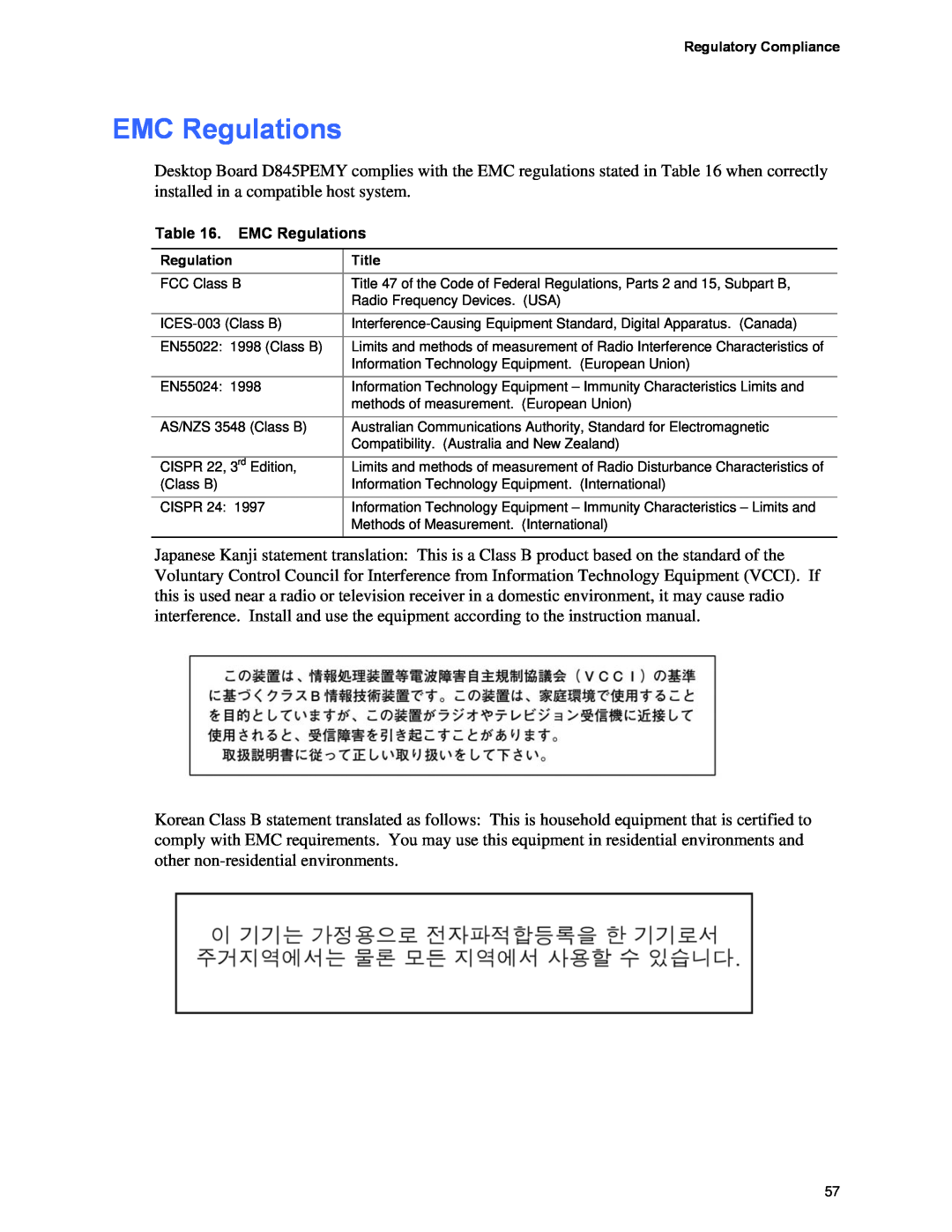Intel D845PEMY manual EMC Regulations 