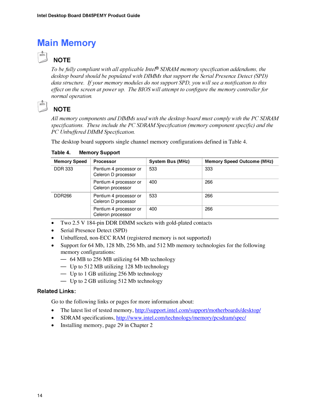 Intel D845PEMY manual Main Memory, Memory Support 