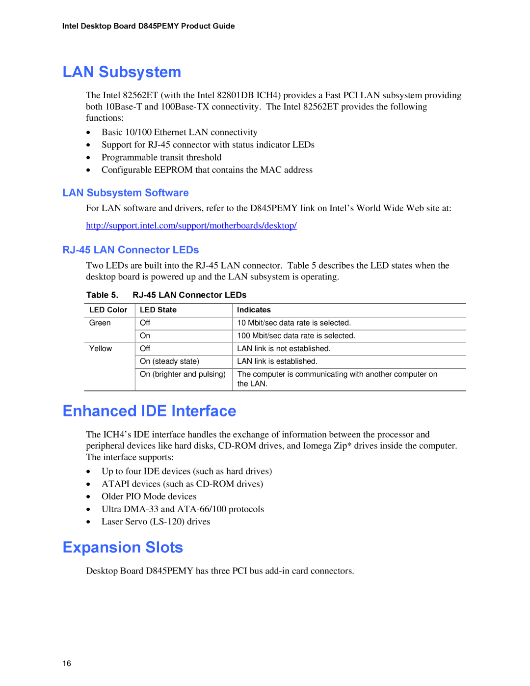 Intel D845PEMY manual Enhanced IDE Interface, Expansion Slots, LAN Subsystem Software, RJ-45 LAN Connector LEDs 