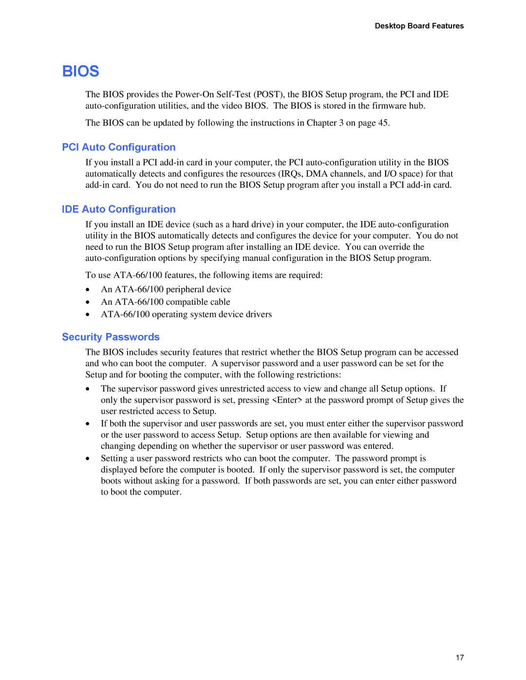 Intel D845PEMY manual PCI Auto Configuration, IDE Auto Configuration, Security Passwords 