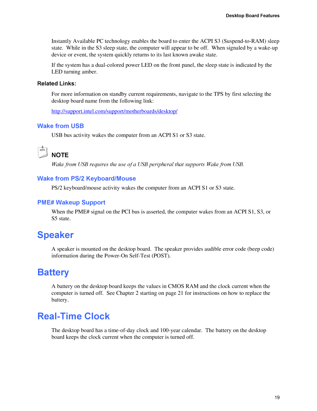 Intel D845PEMY manual Speaker, Battery, Real-Time Clock 