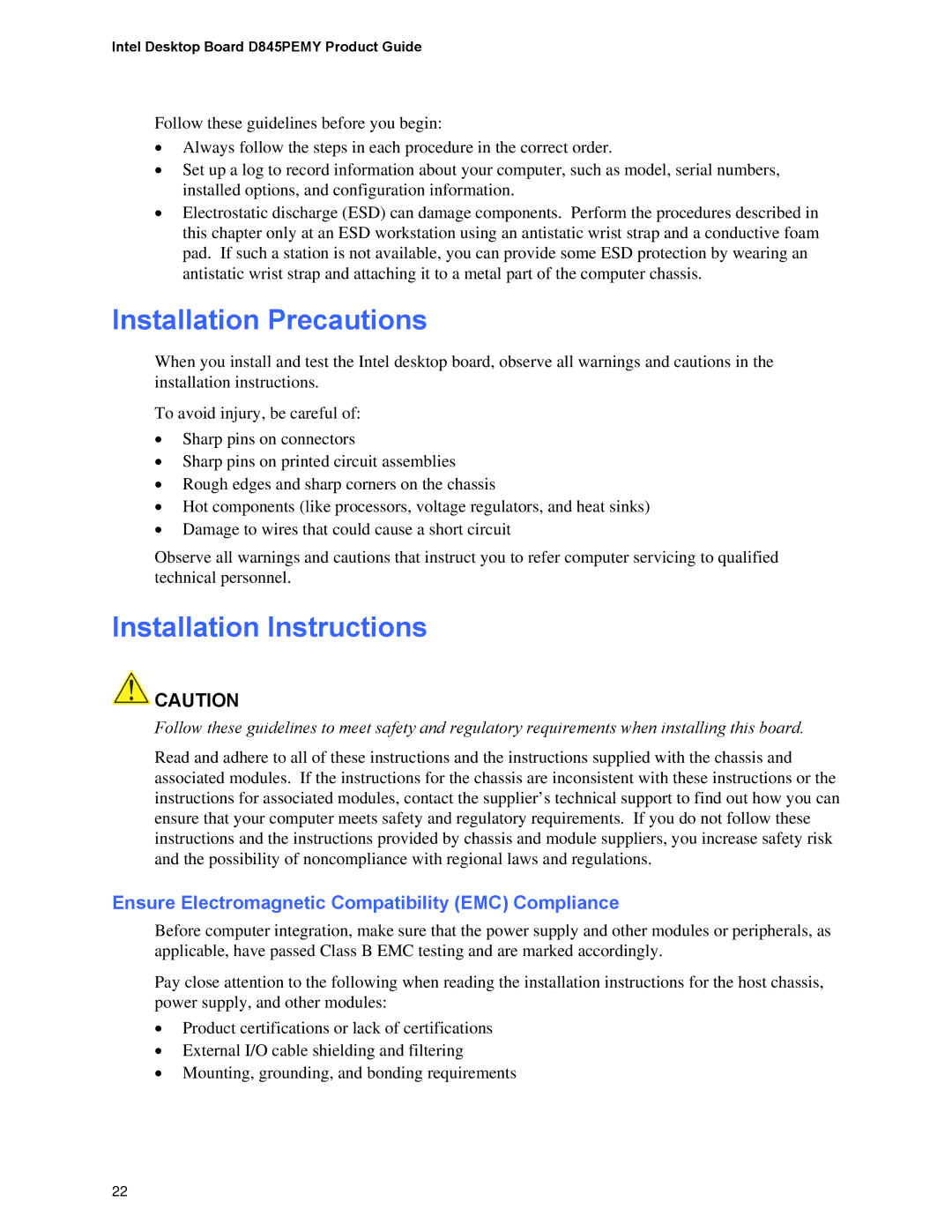 Intel D845PEMY Installation Precautions, Installation Instructions, Ensure Electromagnetic Compatibility EMC Compliance 