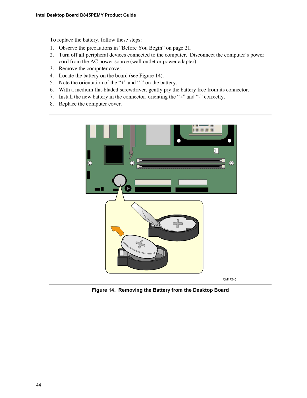 Intel D845PEMY manual Removing the Battery from the Desktop Board 