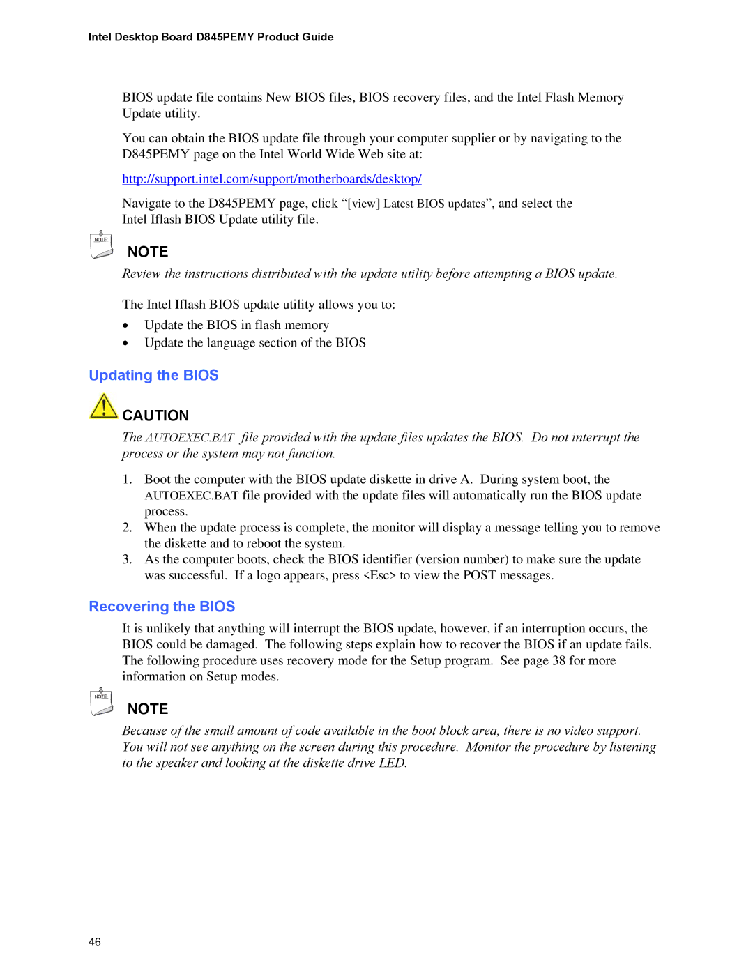 Intel D845PEMY manual Updating the Bios, Recovering the Bios 