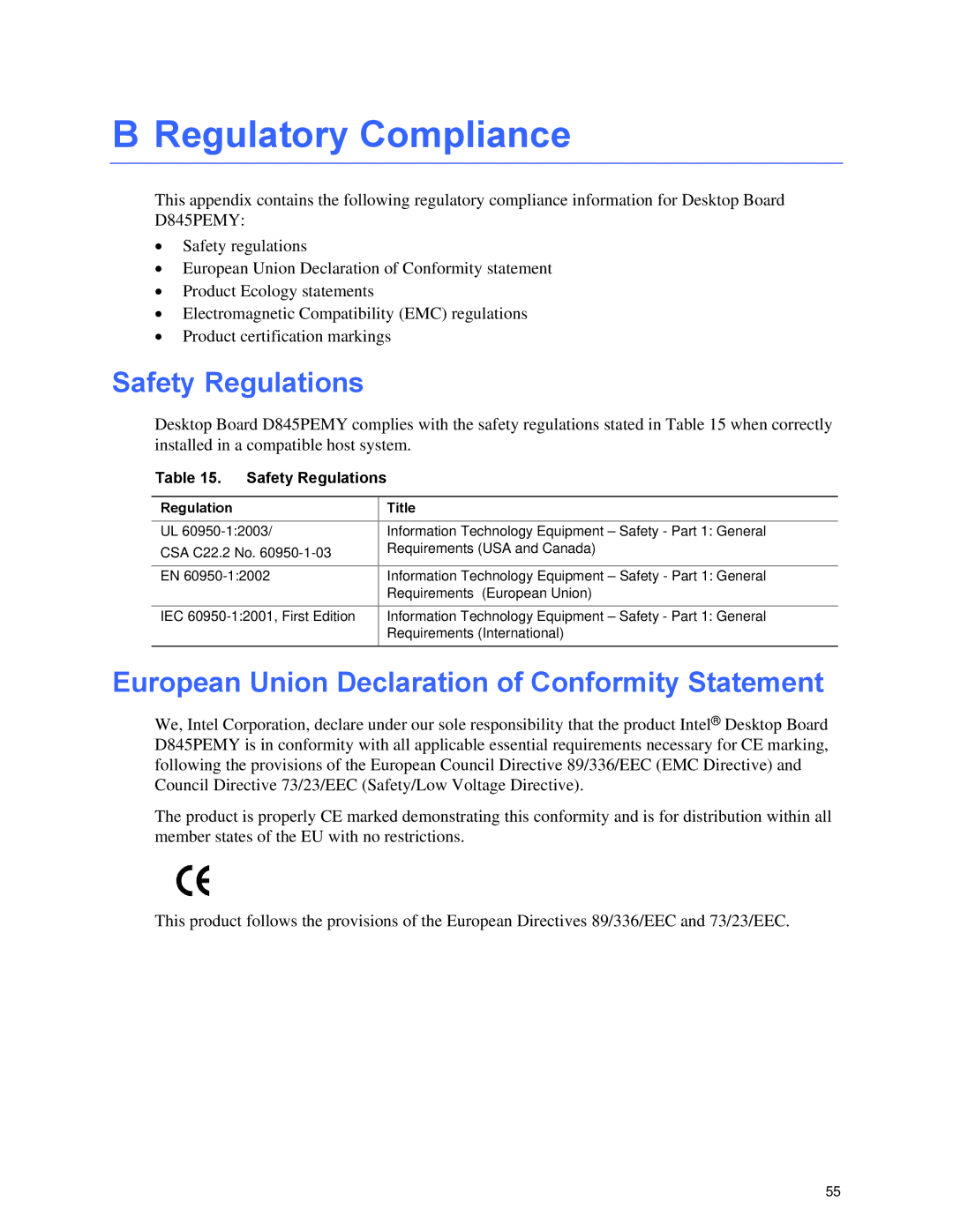 Intel D845PEMY manual Regulatory Compliance, Safety Regulations, European Union Declaration of Conformity Statement 