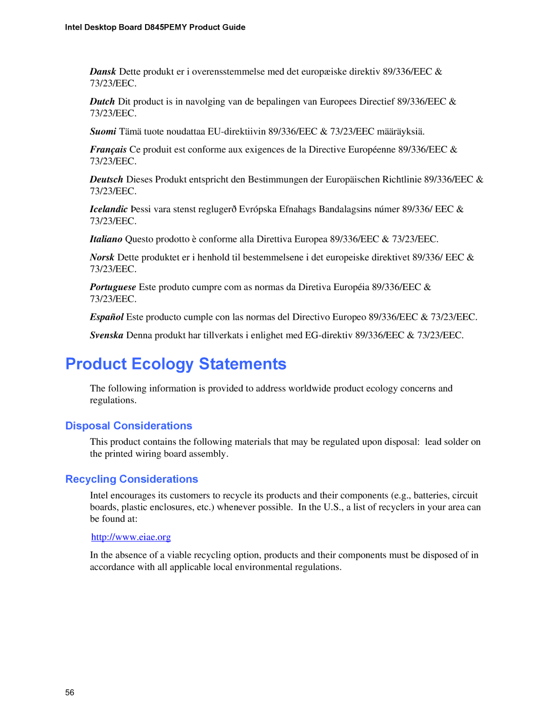 Intel D845PEMY manual Product Ecology Statements, Disposal Considerations, Recycling Considerations 