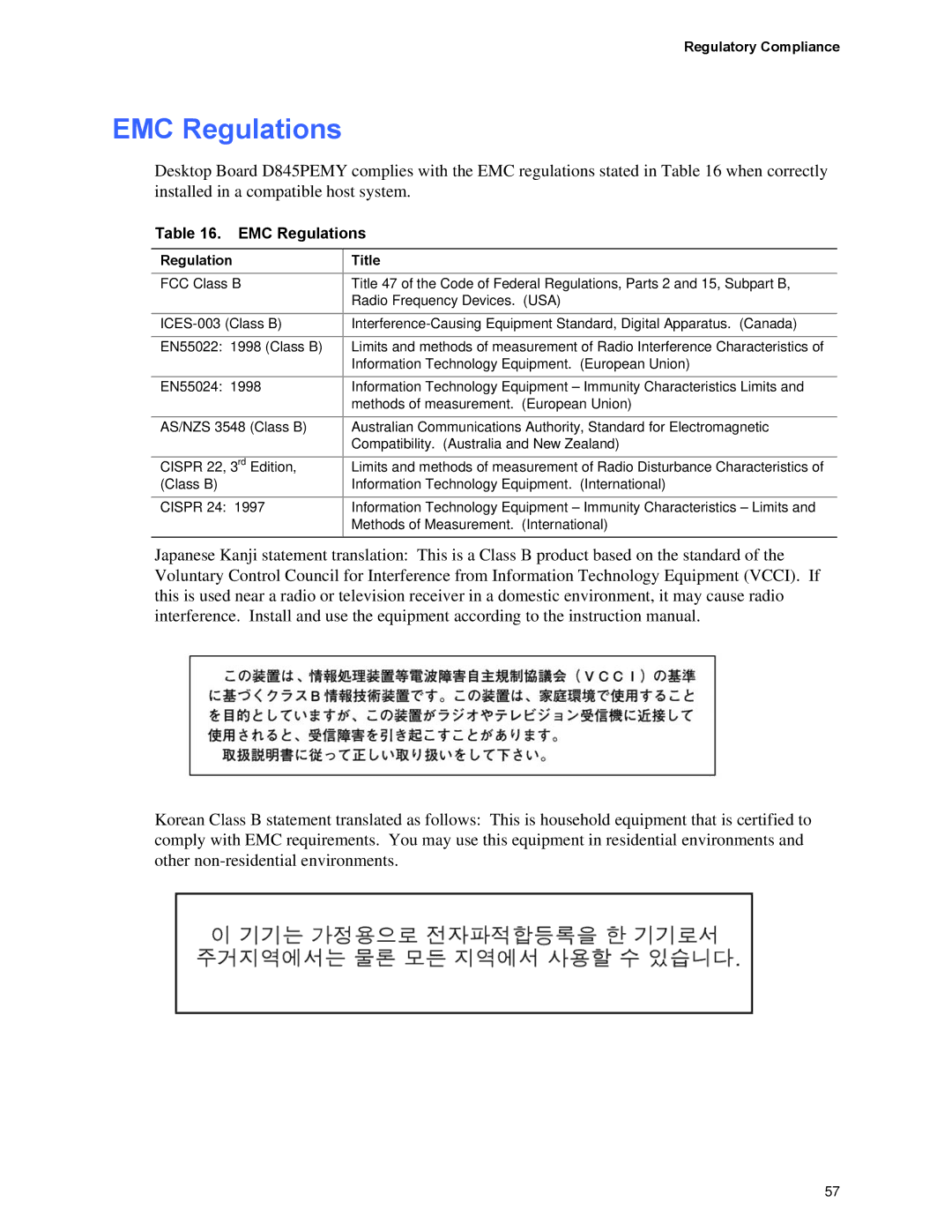 Intel D845PEMY manual EMC Regulations, Regulatory Compliance 