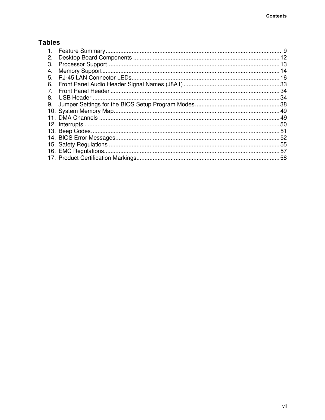 Intel D845PEMY manual Tables, Contents 