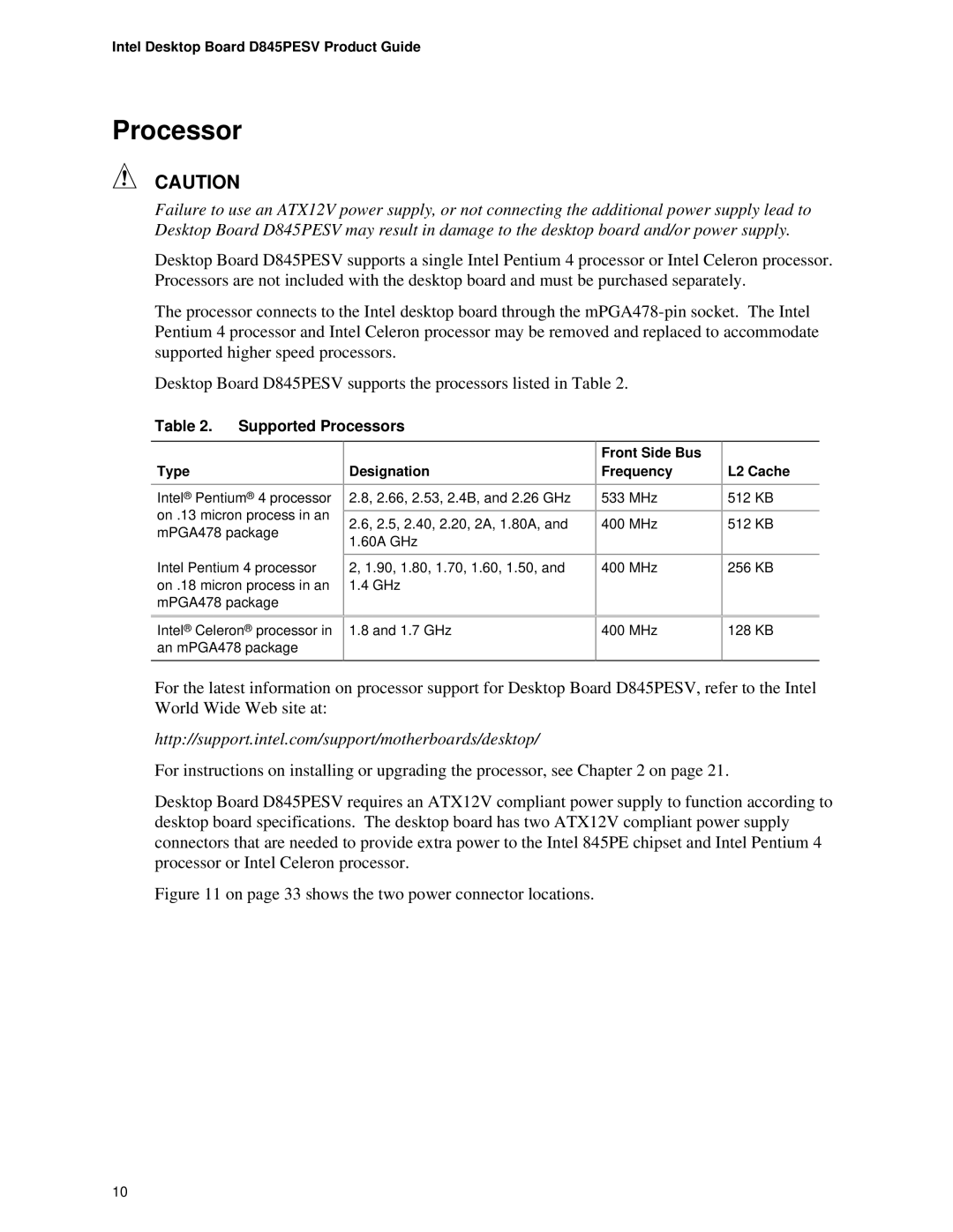 Intel D845PESV manual Supported Processors 