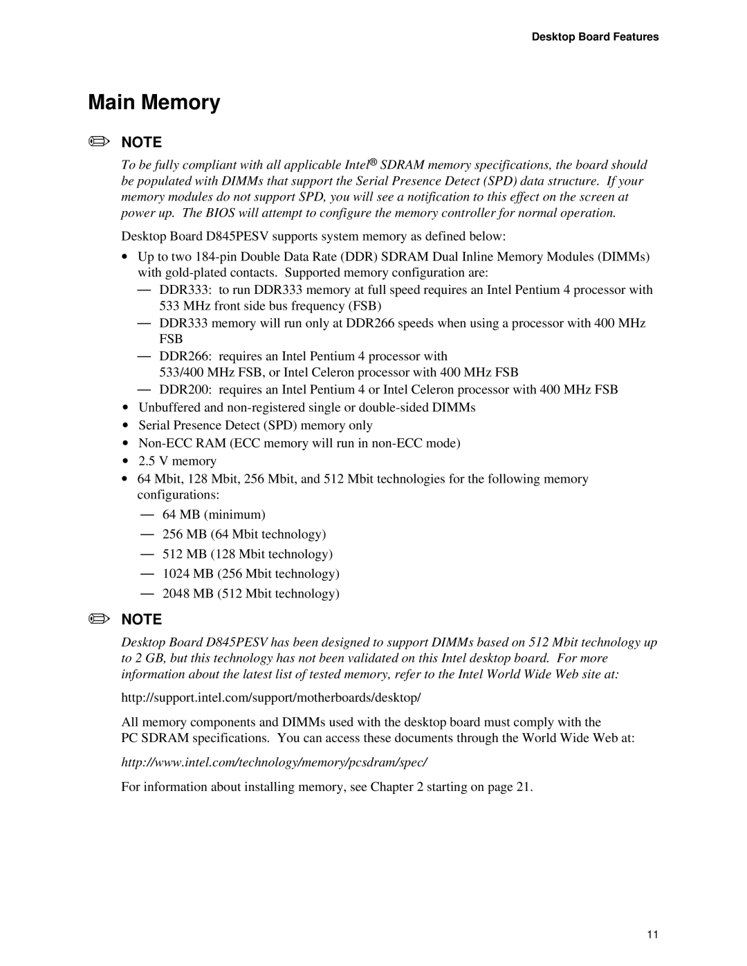 Intel D845PESV manual Main Memory, Fsb 