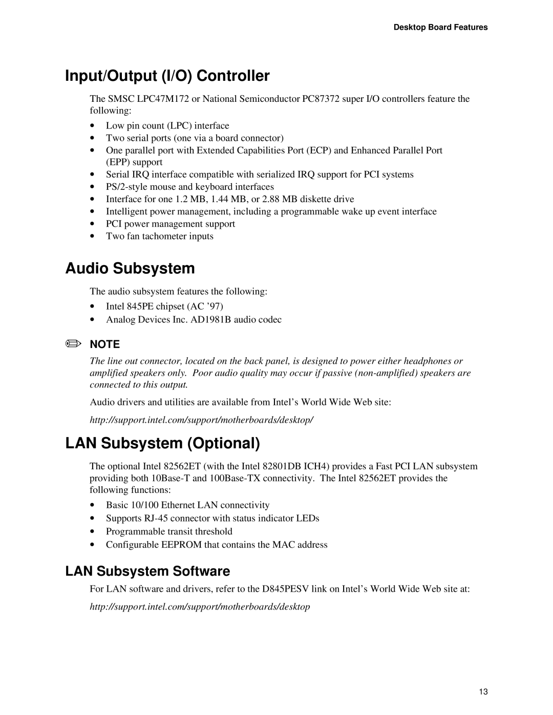 Intel D845PESV manual Input/Output I/O Controller, Audio Subsystem, LAN Subsystem Optional, LAN Subsystem Software 