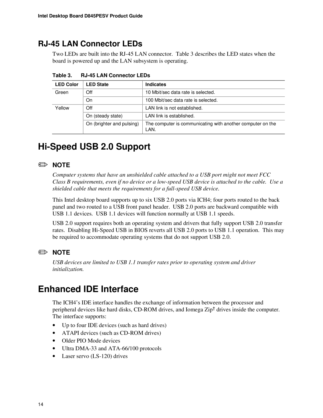 Intel D845PESV manual Hi-Speed USB 2.0 Support, Enhanced IDE Interface, RJ-45 LAN Connector LEDs 