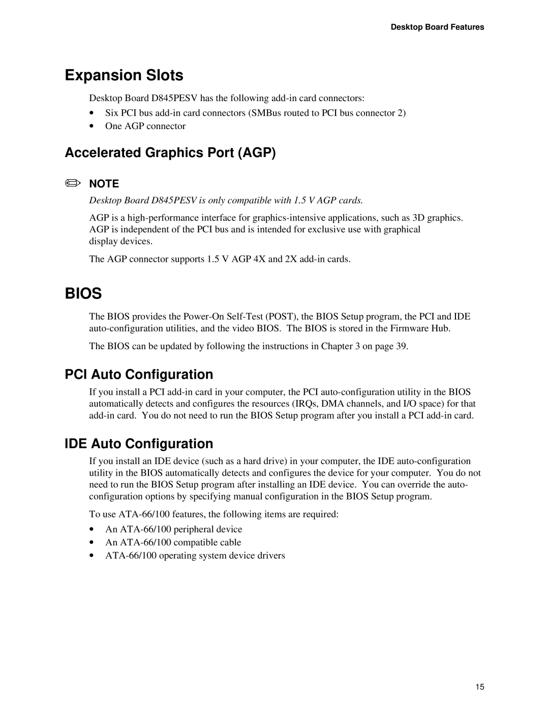 Intel D845PESV manual Expansion Slots, Accelerated Graphics Port AGP, PCI Auto Configuration, IDE Auto Configuration 