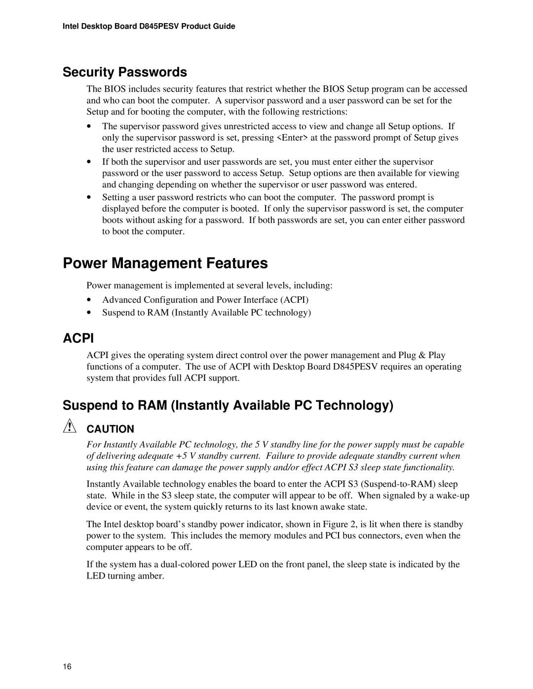 Intel D845PESV manual Power Management Features, Security Passwords, Suspend to RAM Instantly Available PC Technology 