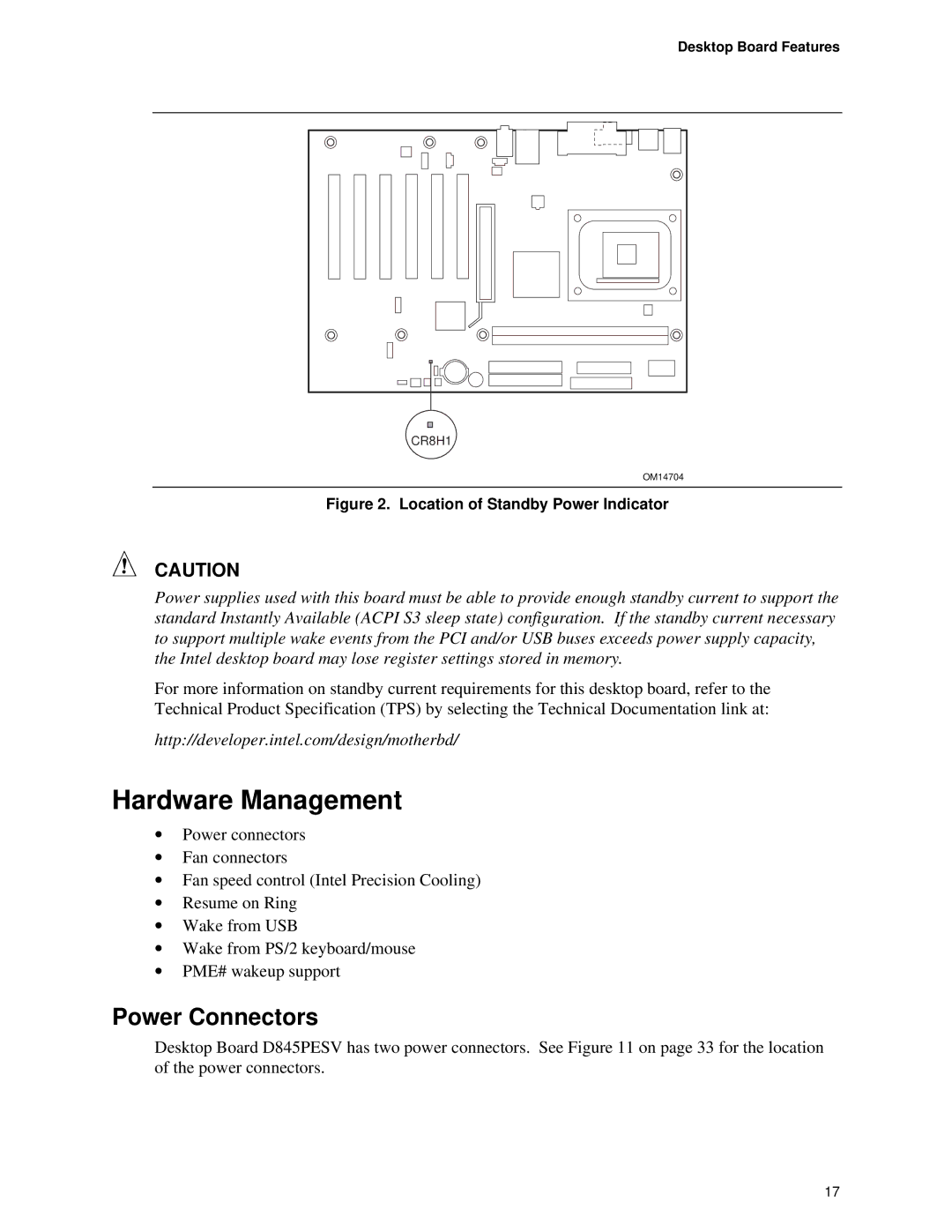 Intel D845PESV manual Hardware Management, Power Connectors 