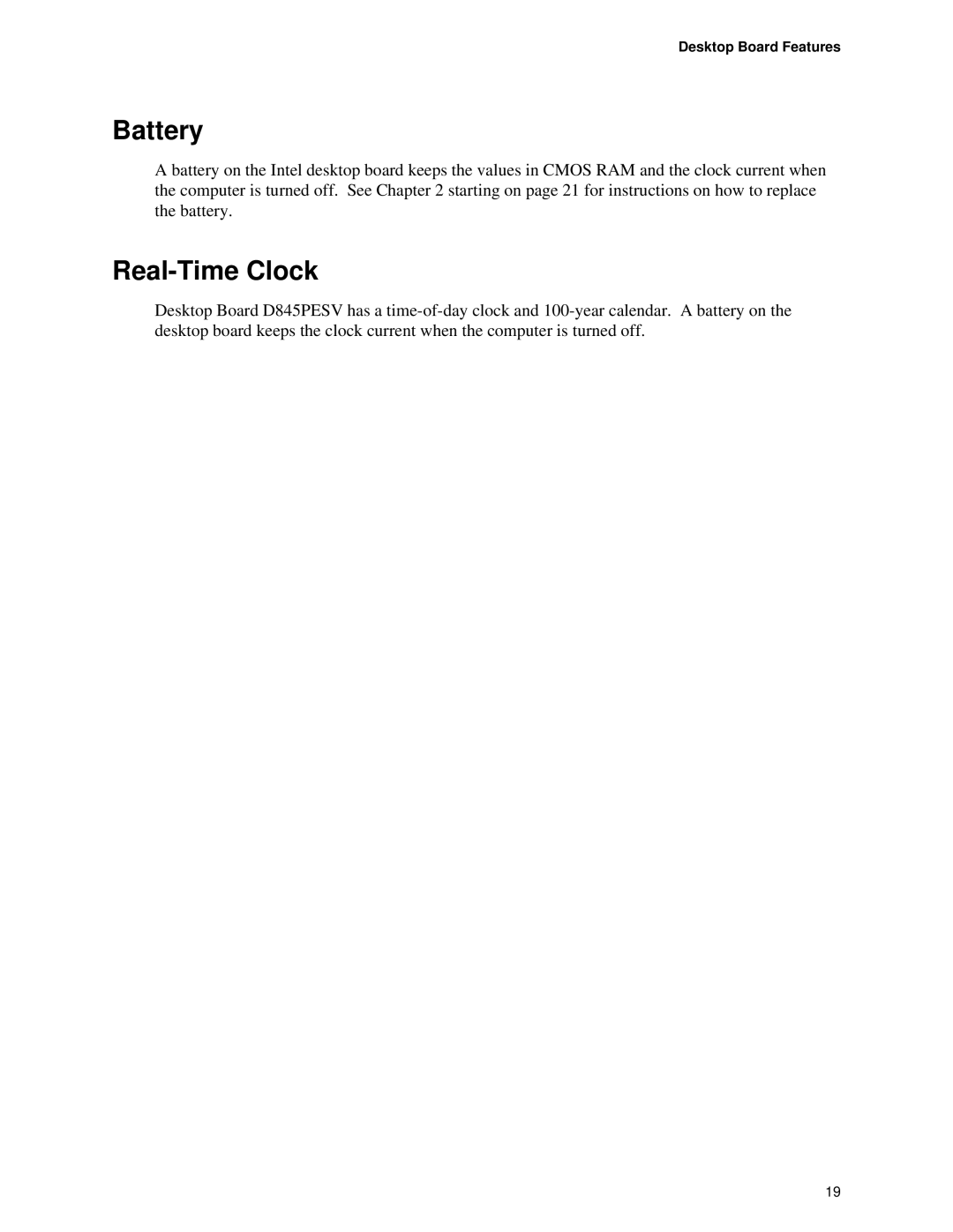 Intel D845PESV manual Battery, Real-Time Clock 