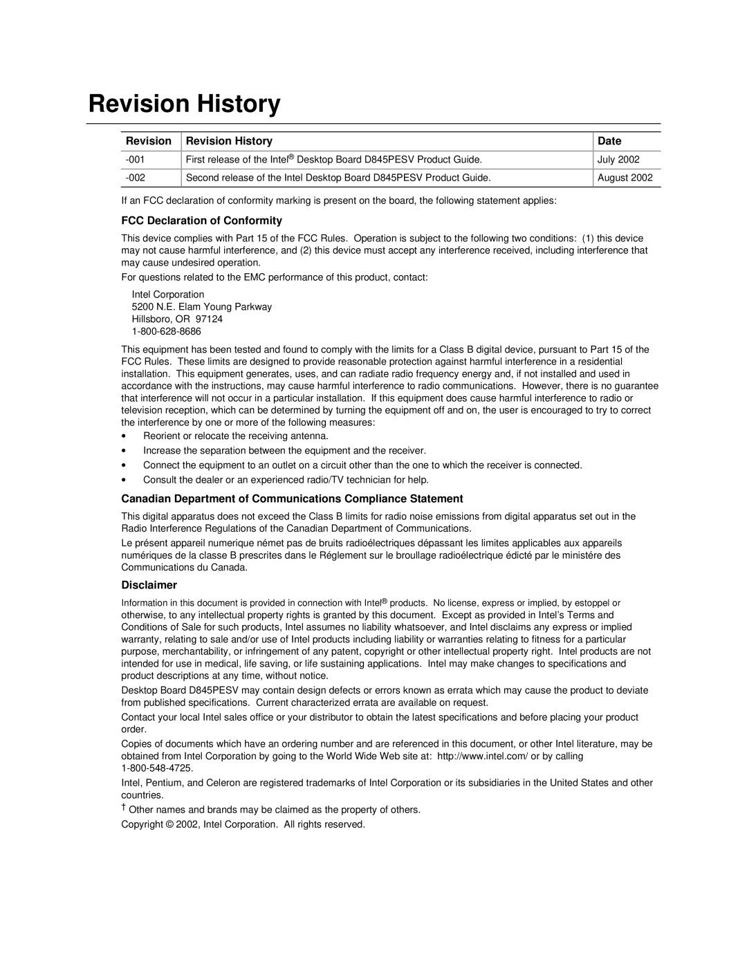 Intel D845PESV manual Revision Revision History, FCC Declaration of Conformity Date, Disclaimer 