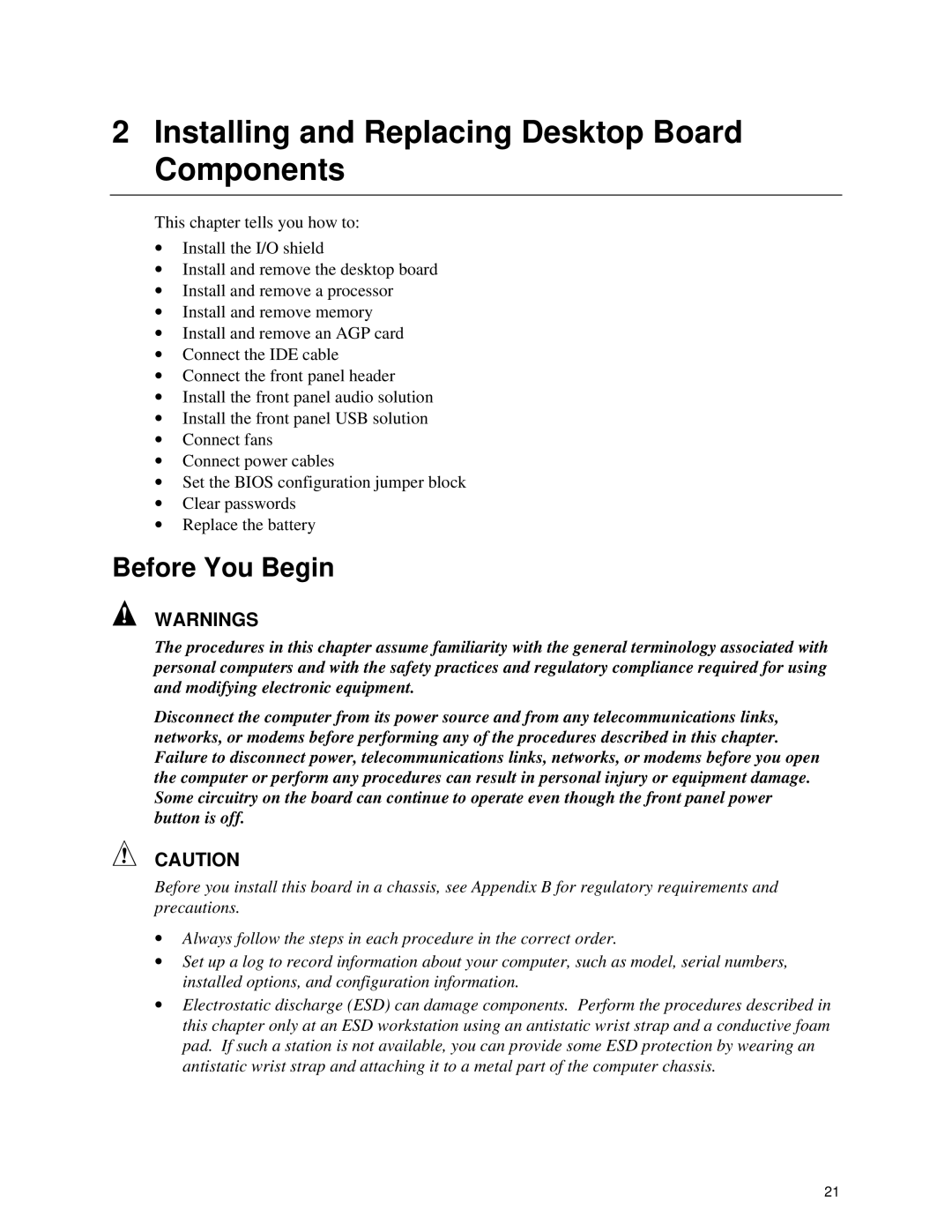 Intel D845PESV manual Installing and Replacing Desktop Board Components, Before You Begin 