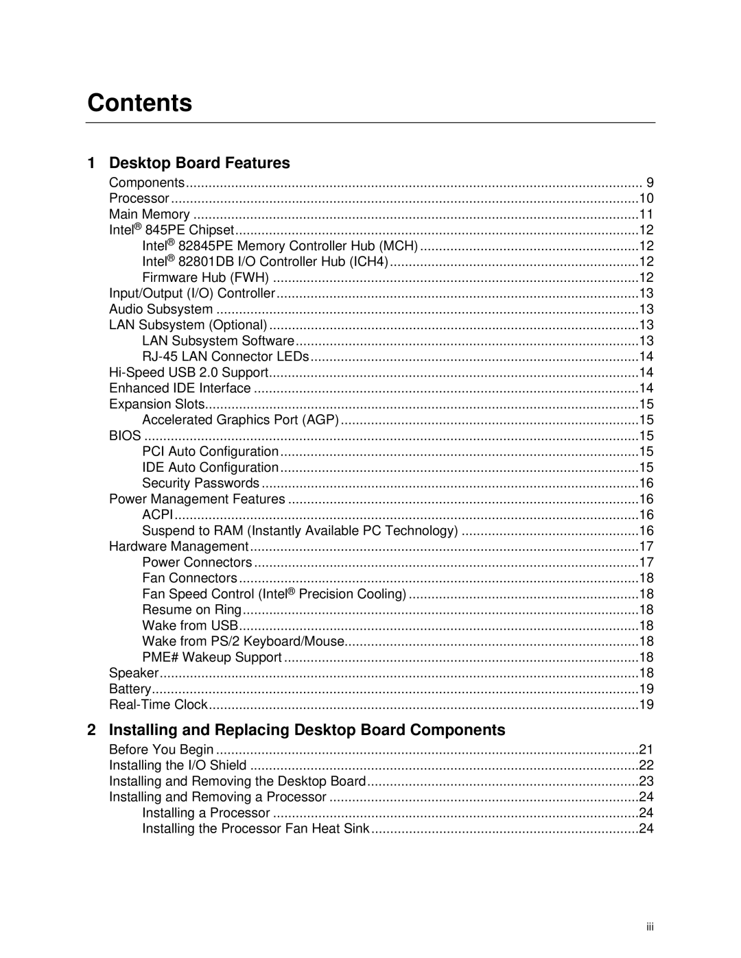 Intel D845PESV manual Contents 